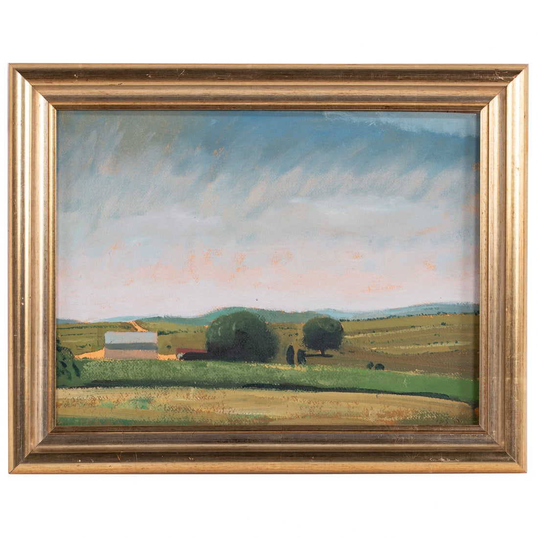 Israel Hershberg/Har Tzvi. Landscape & Pink Sky: (Israeli, b. 1948) Oil on panel, circa 1980, signed in Hebrew "Har-Tzvi" lr, an artistic pseudonym used while in Baltimore (1973-1984) sight size: 11 3/4 x 15 1/2 in., framed size: 15 x 19 in. Provena