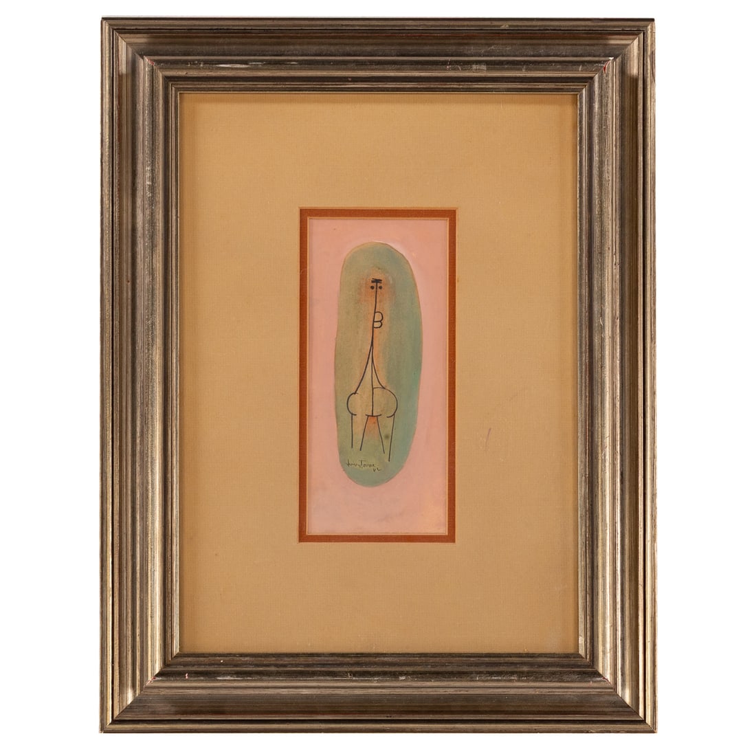 Ivan Tovar. Figura Abstracta, mixed media: (Dominican, 1942-2020) Ink and watercolor on paper, signed and dated "Ivan Tovar, '62" lc, sight size: 8 x 3 1/2 in., framed size: 18 1/4 x 14 1/4 in. Provenance: From a private Maryland collection