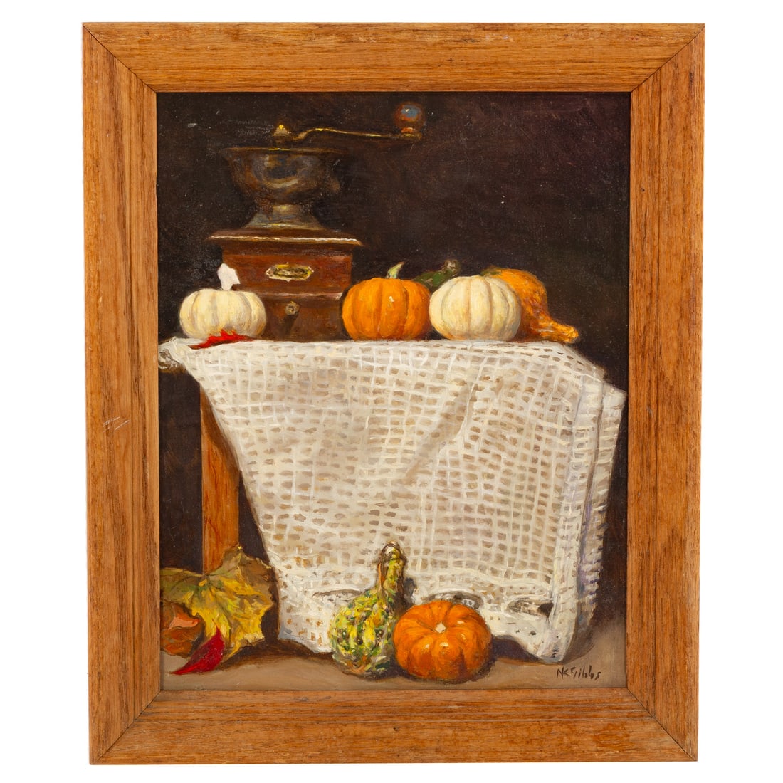 Nathaniel K. Gibbs. Autumnal Still Life, oil: (American, 1948-2018) Oil on board, signed "N.K. Gibbs" lr, 14 1/4 x 11 in., framed size: 16 3/4 x 13 3/4 in. Provenance: From a private Maryland collection