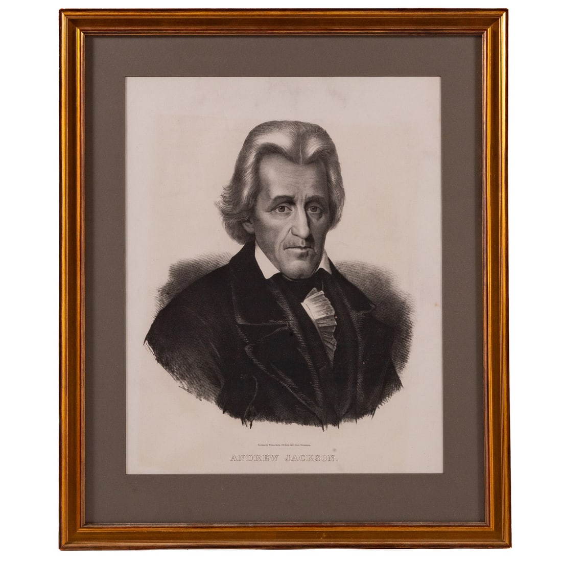 Artist Unknown. "Andrew Jackson," lithograph: Published by William Smith, Philadelphia, 1870, lithograph, sight size: 24 1/4 x 19 1/4 in., framed size: 33 1/4 x 27 3/4 in. Provenance: From the Estate of James Plumer, Baltimore, MD. Jim was a long
