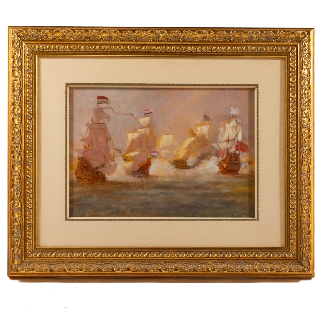 Artist Unknown. Naval Battle, oil: (20th century) Oil on board, signed illegibly and dated '97 lr, sight size: 16 x 23 in., framed size: 32 x 38 1/2 in. Provenance: From a private Maryland collection