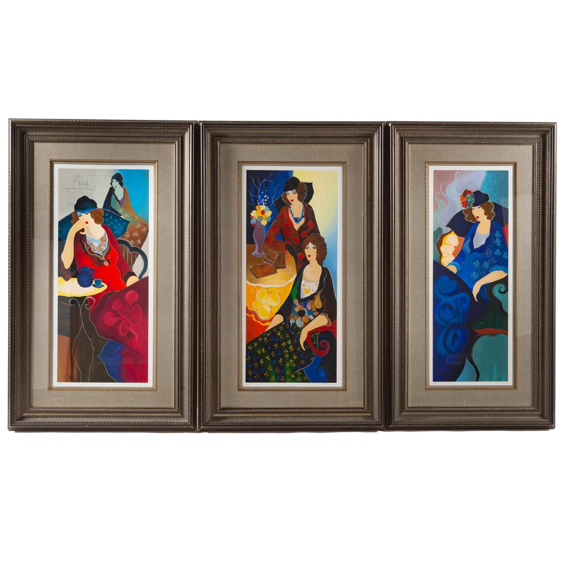 Itzchak Tarkay. Seated Women Triptych, serigraphs: (Israeli, 1935-2012) Set of three serigraphs in colors, each ed. AP, all pencil signed "Tarkay" lr, image size of each: 37 x 15 in., framed size of each: 55 x 33 in. Provenance: From a private collect