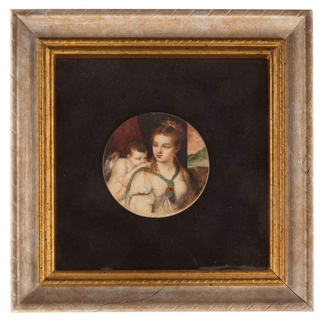 After Titian Venus Blindfolding Cupid Miniature: (19th century or possibly earlier) Detail from Titan's Venus Blindfolding Cupid, watercolor and gouache on panel, unsigned, 2 1/4 in. Diam., framed size: 6 3/8 x 6 3/8 in.