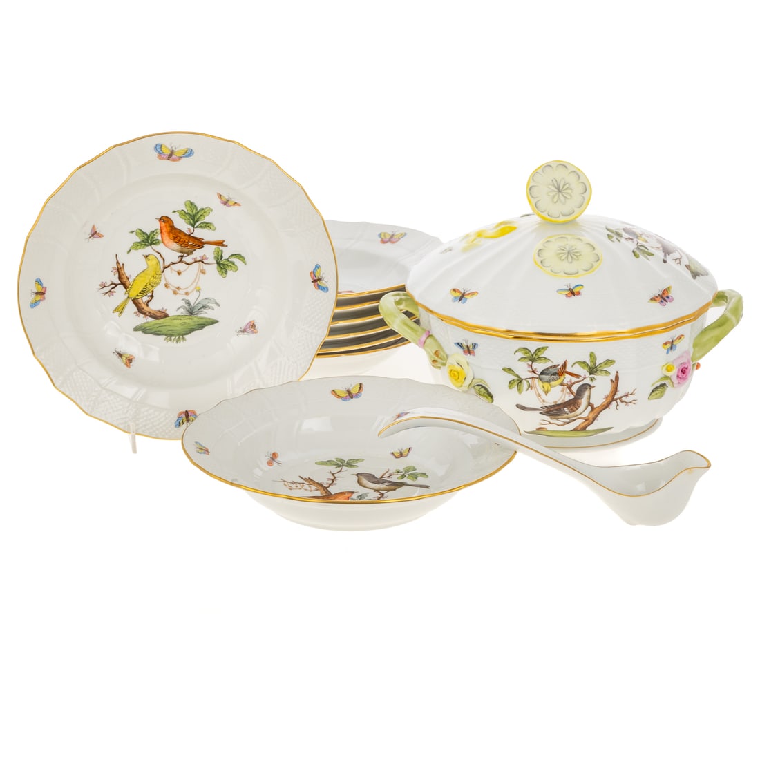 Herend "Rothschild Bird" Tureen, Ladle, & Eight Soup Bowls (1 of 4)