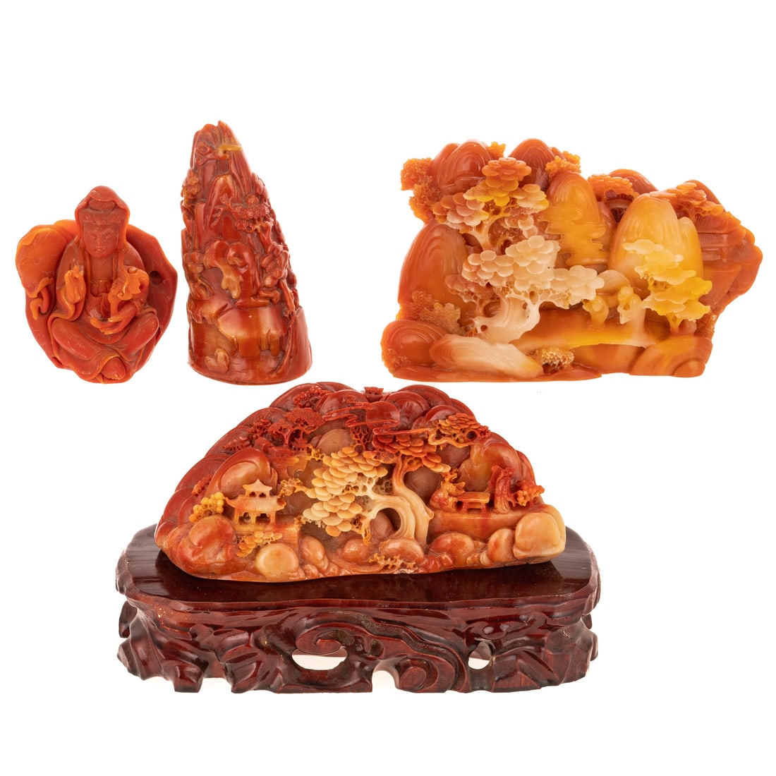 Four Pieces of Chinese Carved Carnelian Agate: 1) A Chinese carved carnelian agate mountainous landscape depicting figures, buildings, and trees, includes wooden stand, carving: 3 1/4 in. H, 7 3/4 in. L, approx. 2 1/2 in. D; 2) A Chinese carved ca