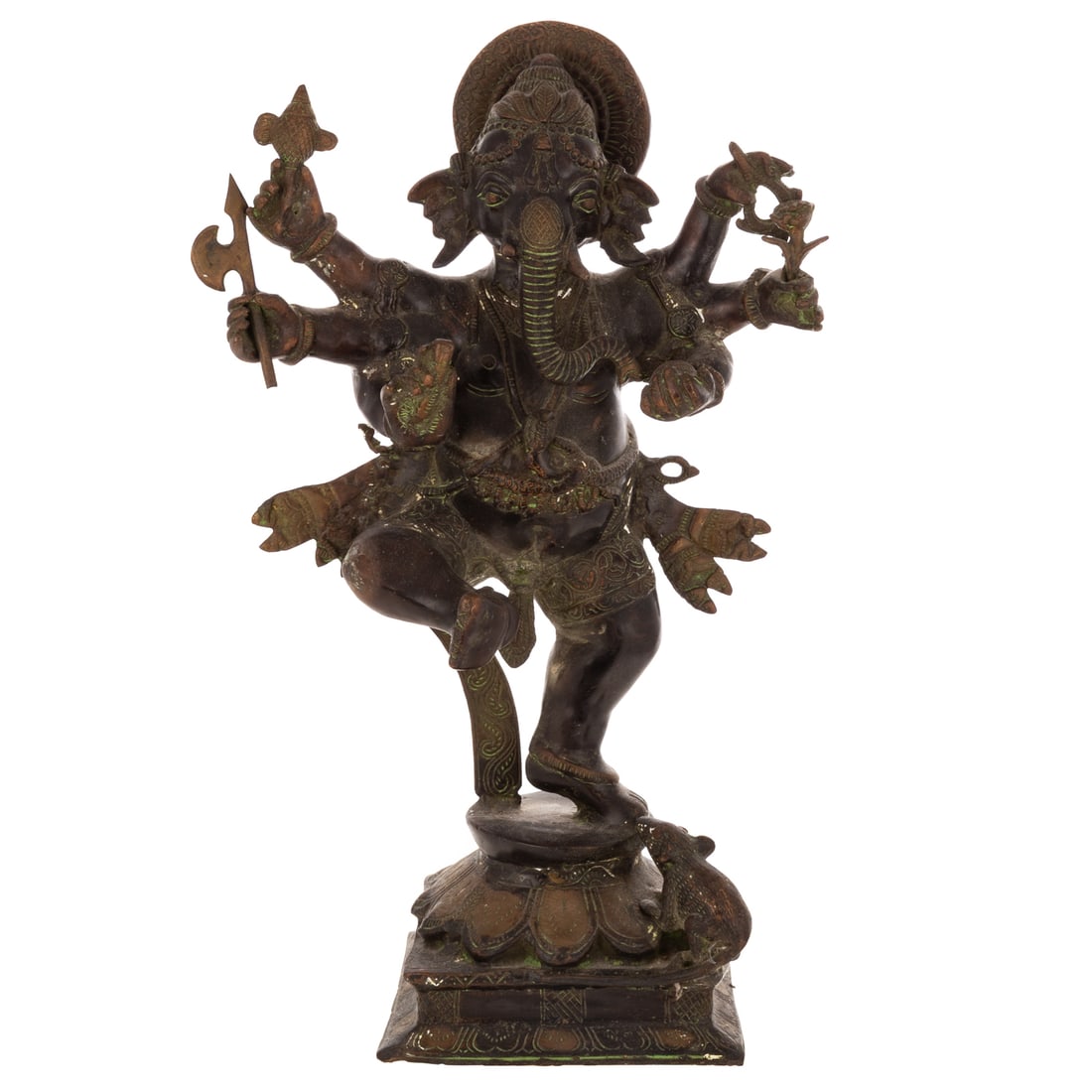 A Bronze Sculpture of Ganesha: A bronze Ganesha figure depicted with six hands each holding an item symbolizing his role of removing obstacles, one holding a tusk, modak, a noose (pasha), a lotus flower, a goad, and the last holdin