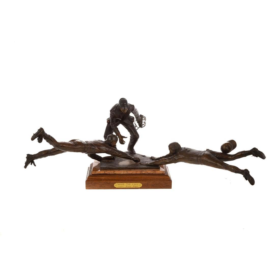 Robert Hogan "Make the Call," bronze: (American, 21st century) A bronze of a three baseball players, the catcher standing above a player trying to get to home base while the other trying to get him out, on marble and wooden base with plaq