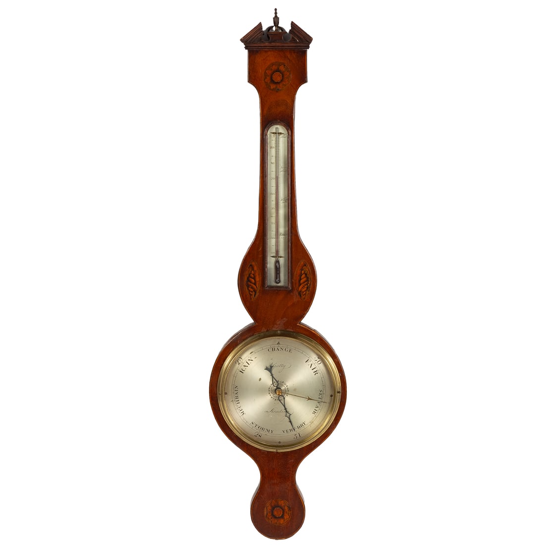 An English Mahogany Inlaid Banjo-Form Barometer: (English, c. 1870) A mahogany banjo-form barometer with inlaid conch shells and sun flowers silvered dial, signed "A. Gatty," 39 1/4 in. H, 10 in. W, approx. 2 in. D Provenance: Purchased from English
