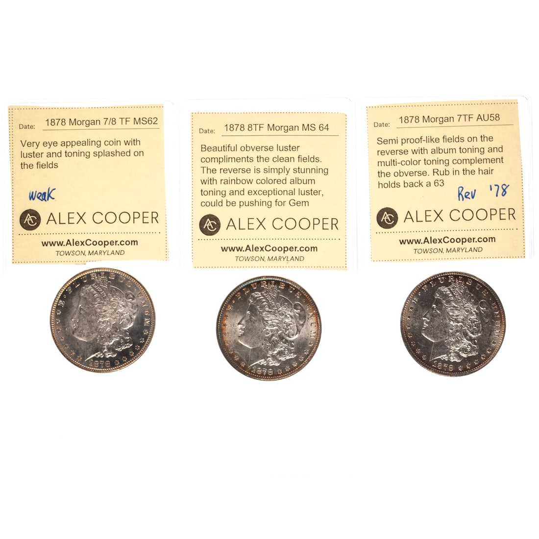 Three Different Types of 1878 Tail Feathers: 1878 7 TF Rev 1878- AU58 semi proof-like fields on the reverse, light steel blue toning, with album toning and multi-colors, rub in hair holds back from a 63 1878 7/8 Feathers - weak variety SM62 with