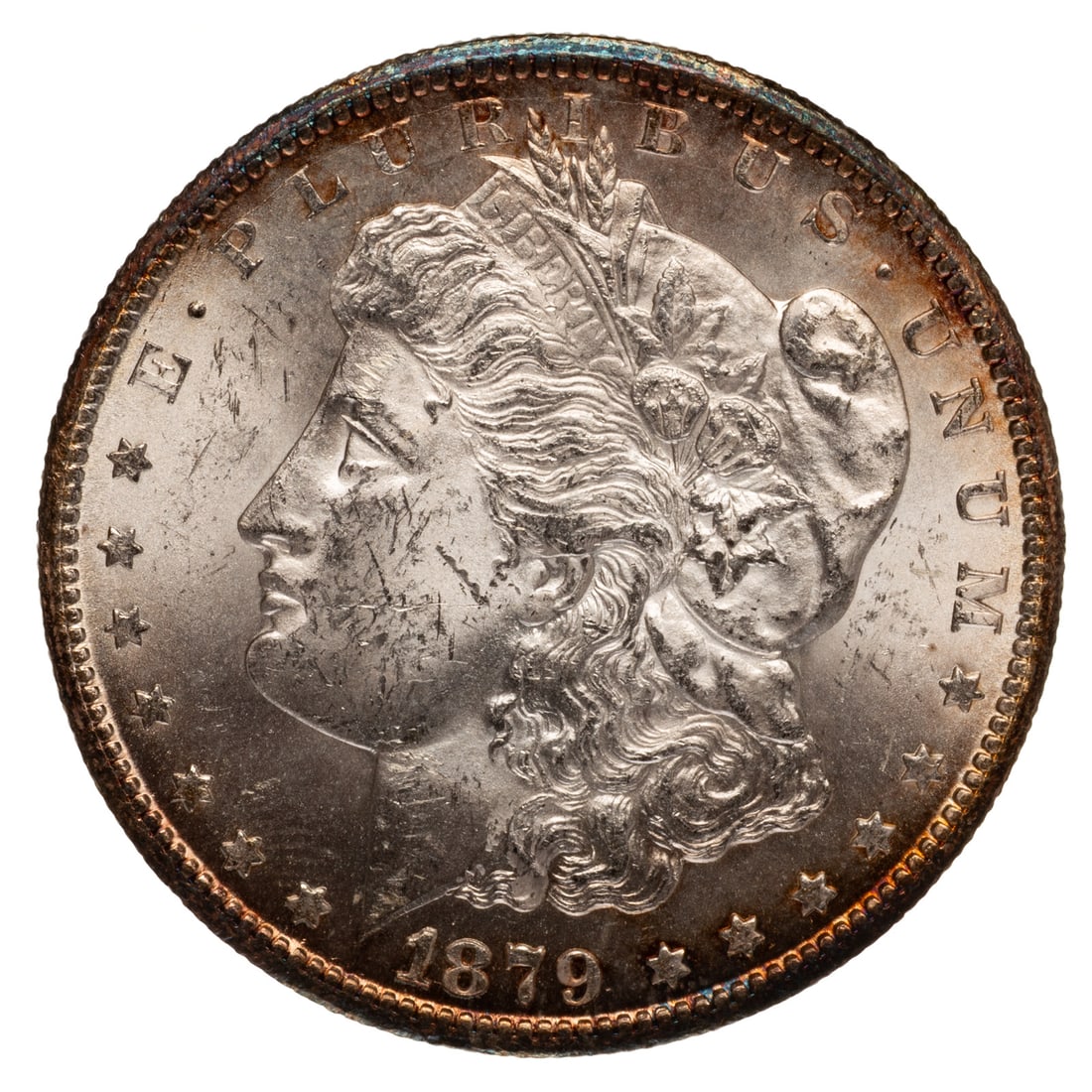 1879-CC Morgan Dollar Capped Die AU55: Some rub on the high points keeps this out of mint state but it still has touches of the Raymond toning and luster. Rusted dies caused the crumbling look on the CC and while it is more scarce than the