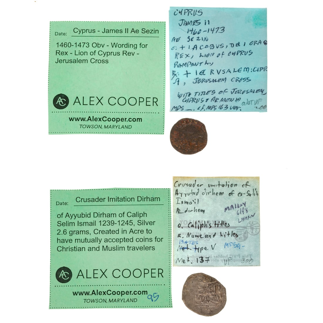 A Pair of Crusader Era Coins: 1) James II of Cyprus 1460-1473; bronze Sezin Obv - Rex - Lion of Cyprus Rev - Jerusalem Cross 1.8 F/VF - copper; and 2) Crusader imitation of Dirham of Caliph Selim Ismail, 1239-1245; Obv - Caliph's 