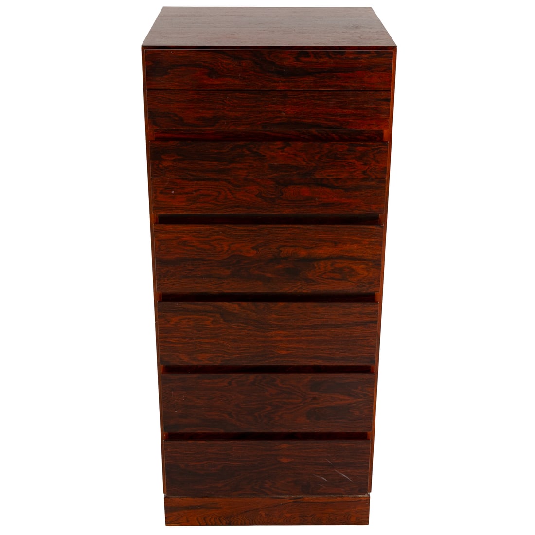 Danish Modern Rosewood Lingerie Chest: Ten-drawer chest, flush to floor base, 43 in. H, 18 1/4 in. W, 18 in. D Provenance: From the Estate of Bruce Colman Douglas, Bethesda, MD