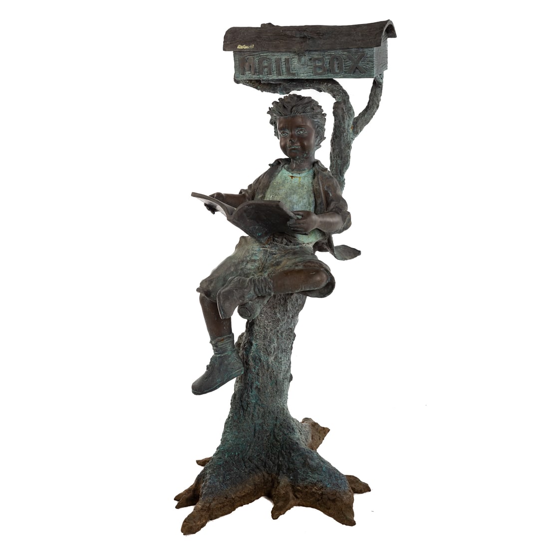 Max Turner. Boy Reading by a Mailbox, bronze: Signed "Max Turner" on root, 55 in. H, 24 in. W, 34 in. D