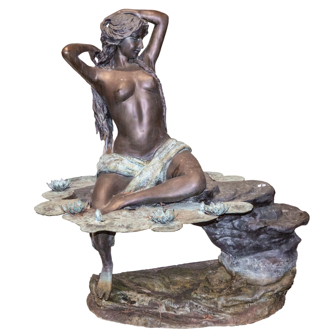 Nude Female Resting on Lily Pad, fountain: Patinated bronze fountain, signed "Aug. Moreau" on base, 60 in. H, 54 in. W, 38 in. D