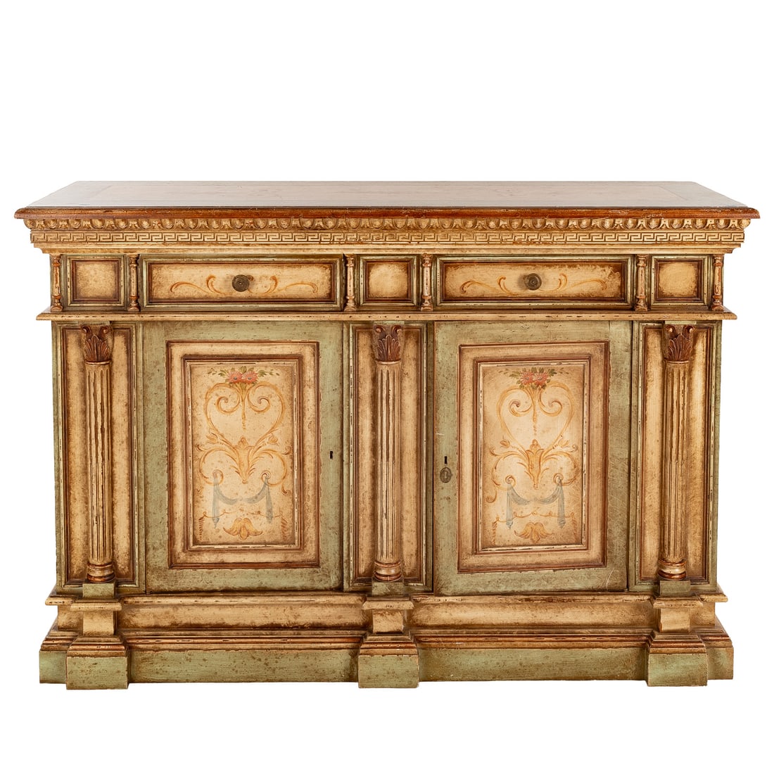 Contemporary Italianate Painted Buffet Console: Molded and painted top over two separated drawers above a two painted door cabinet, on a flush to floor base, 43 in. H, 64 in. W, 21 in. D
