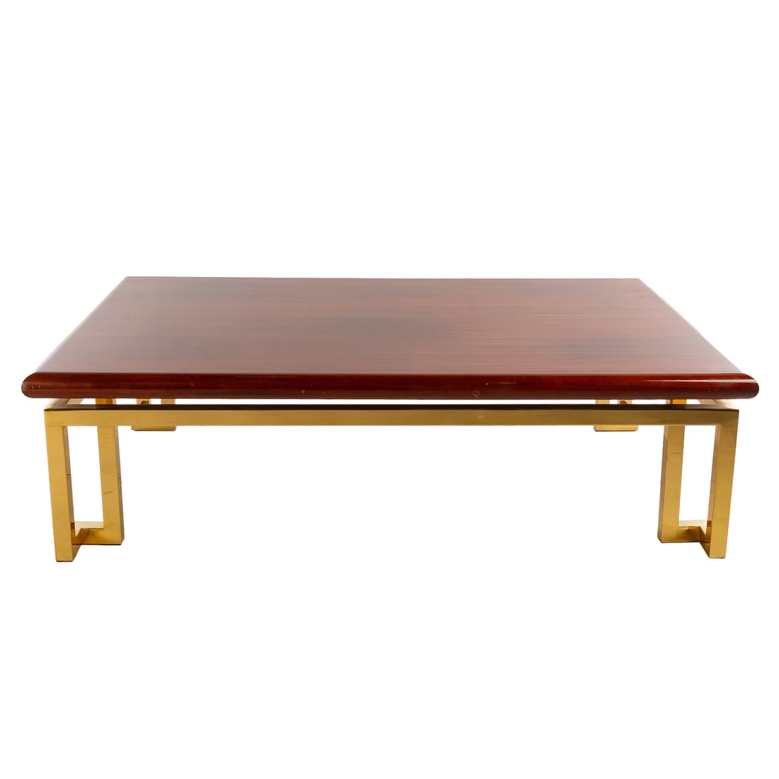 Large Mahogany & Brass Contemporary Coffee Table: Curved edge top on an angular brass base, 17 in. H, 60 in. W, 42 1/2 in. D
