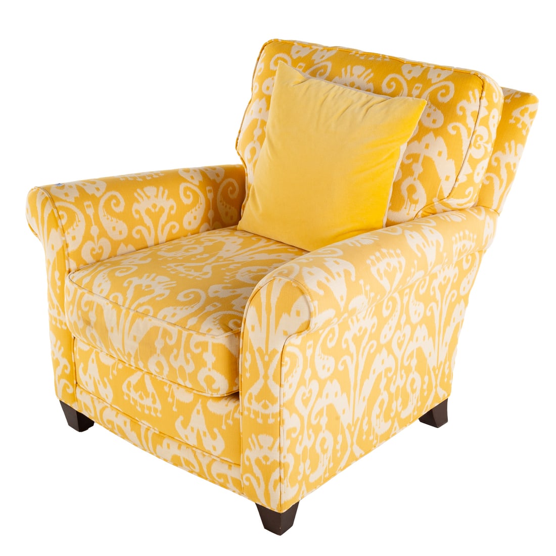 Pottery Barn Contemporary Upholstered Chair: Fully upholstered fame with loose cushion back and seat, 35 in. H, 36 in. W, 29 in. D