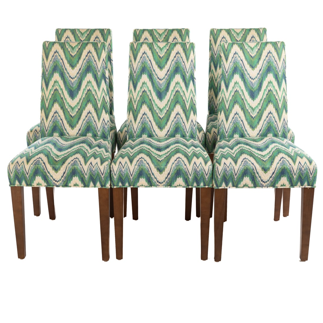 Six Lee Industries Contemporary Dining Chairs: Fully upholstered backs and seats on ebonized square tapered legs, 38 1/2 in. H, 19 in. W, 20 in. D