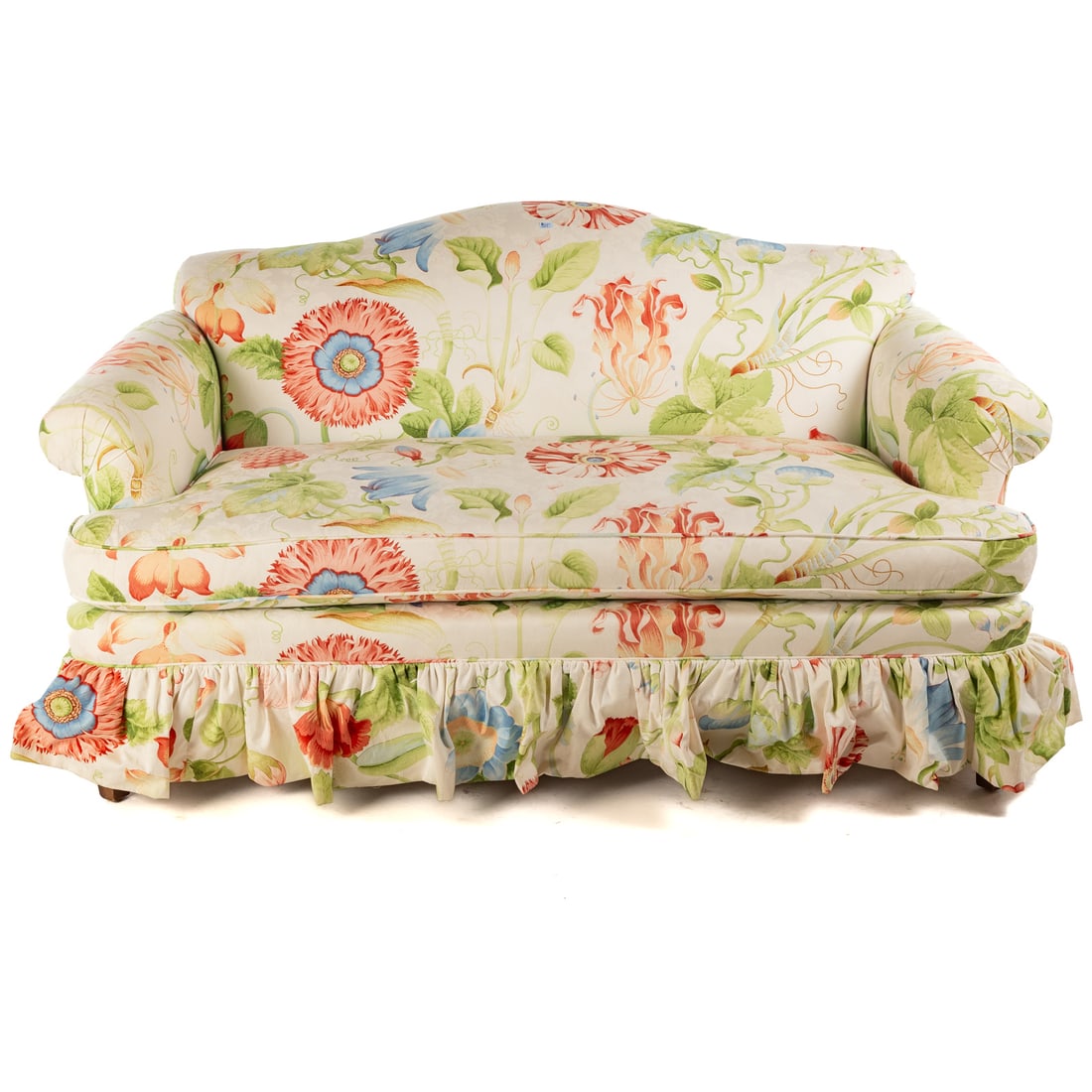 Custom Floral Upholstered Loveseat: Fully upholstered loveseat with ruffled base, 33 1/2 in. H, 63 in. W, 34 in. D