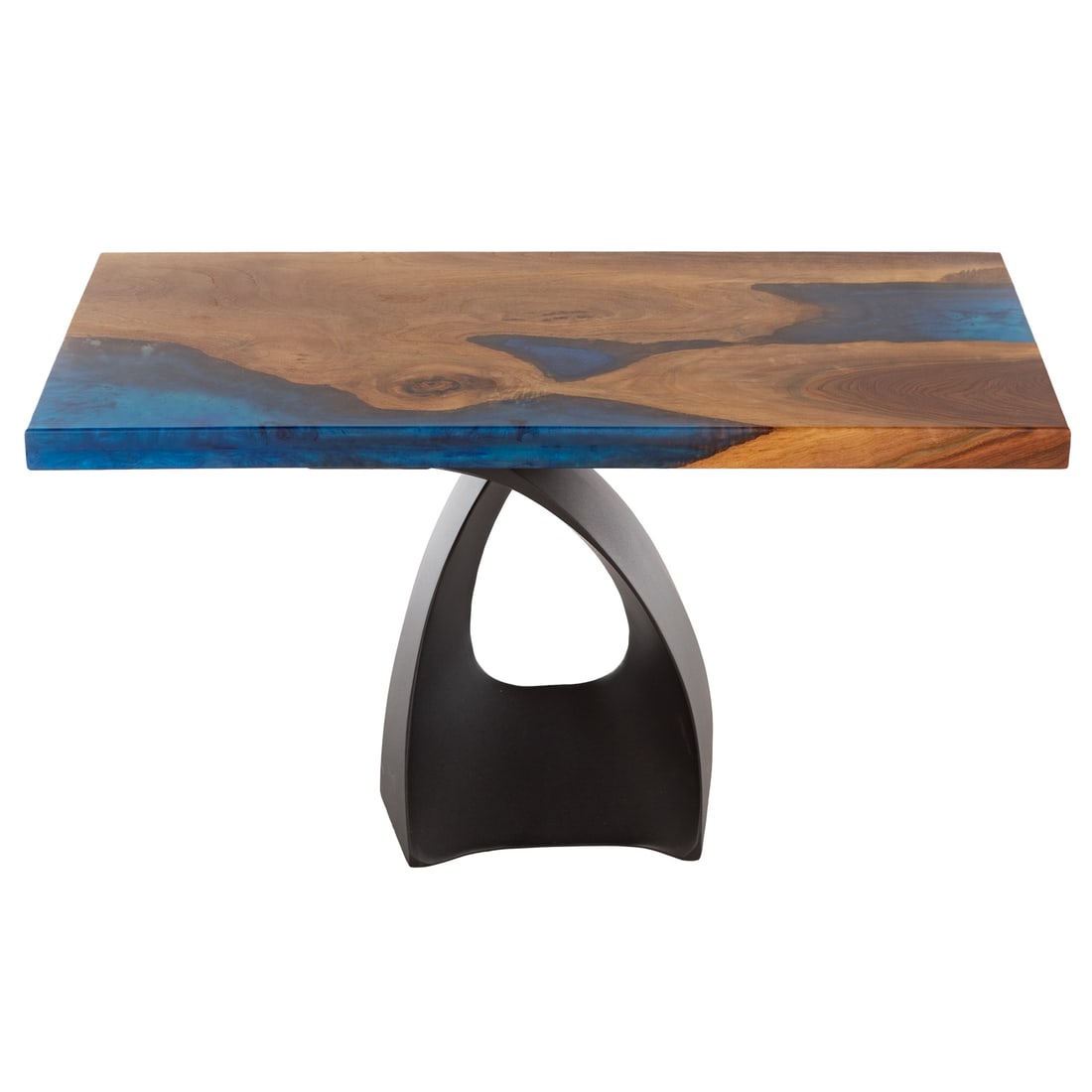 Live Edge & Resin Form Coffee Table: Walnut and blue tinted resin top over a molded black metal base, 18 in. H, 35 1/2 in. W, 18 in. D