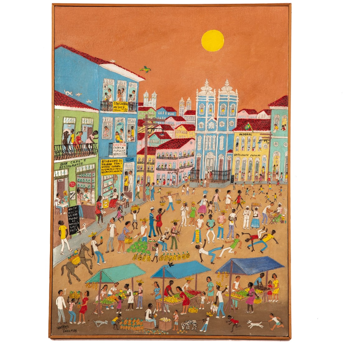 Camilo Eduardo Tavares. "The Pelovrinho Hill Market," oil: (Brazilian, 1932-2014) Oil on canvas, 1984, signed and dated "Tavares" ll, further identifying information on verso, sight size: 26 3/4 x 19 1/4 in., framed size: 27 1/2 x 19 3/4 in. Provenance: From 