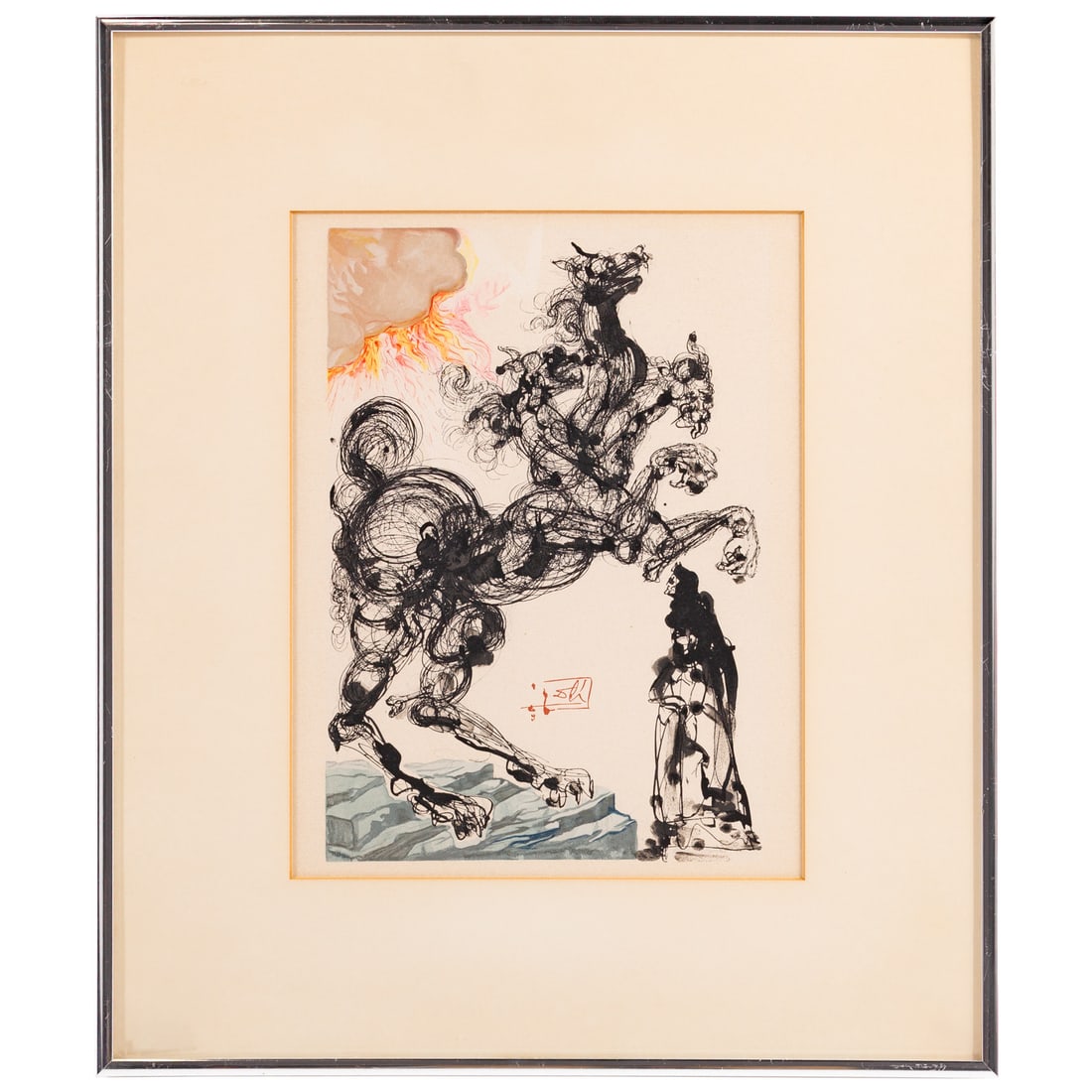 Salvador Dali. "Cerberus," engraving: (Spanish, 1904-1989) Color wood engraving on BFK Rives paper, signed "Dali" in red, in the plate lc, from the portfolio "Dante, The Divine Comedy" full title "Inferno Canto 6, Cerberus" published by L