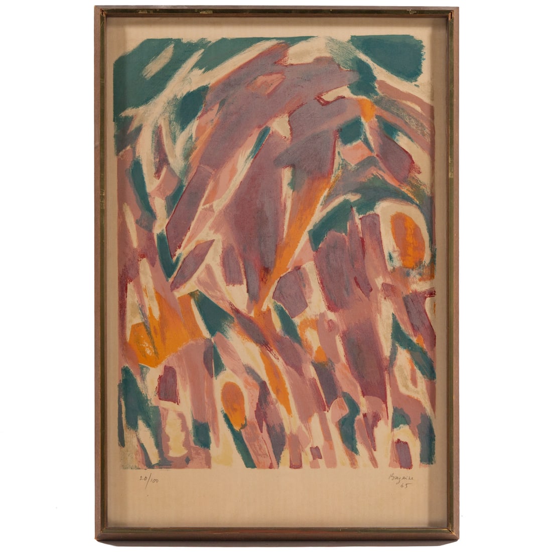 Jean Rene Bazaine. Sans Titre, lithograph: (French, 1904-2001) Lithograph in colors, 1965, ed. 20/100, pencil signed and dated "Bazaine" lr, image size: 24 x 17 1/2 in., framed size: 30 x 20 1/2 in. Provenance: From a private collection, Alexa