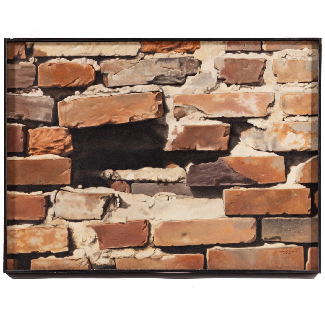 James Voshell. Hole in the Brick Wall, oil: (American, 1943-2024) Oil on canvas, 1977, signed and dated "James W. Voshell" lr, sight size: 22 x 30 in., framed size: 22 1/2 x 30 1/2 in. Provenance: Acquired from the artist, from a private collec