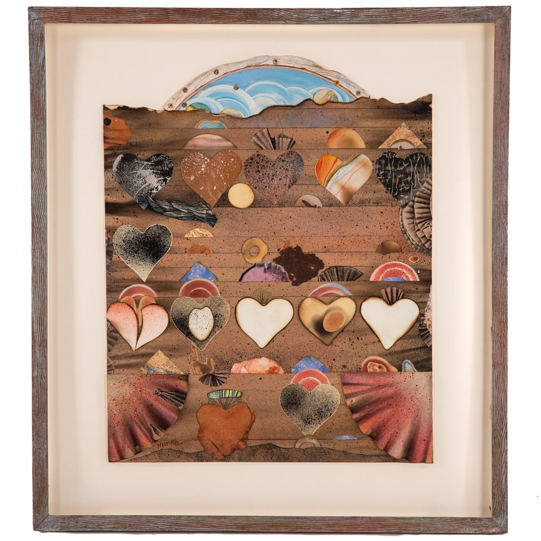Cheryl Hanna. "Letter in an Unknown Language," mixed media: (American, b. 1957) Mixed media collage on paper, 1979/1996, formerly titled "Love Letter," signed "Hanna" ll, further information on verso, size of art: 19 1/2 x 15 3/4 in., framed size: 25 x 23 in. 