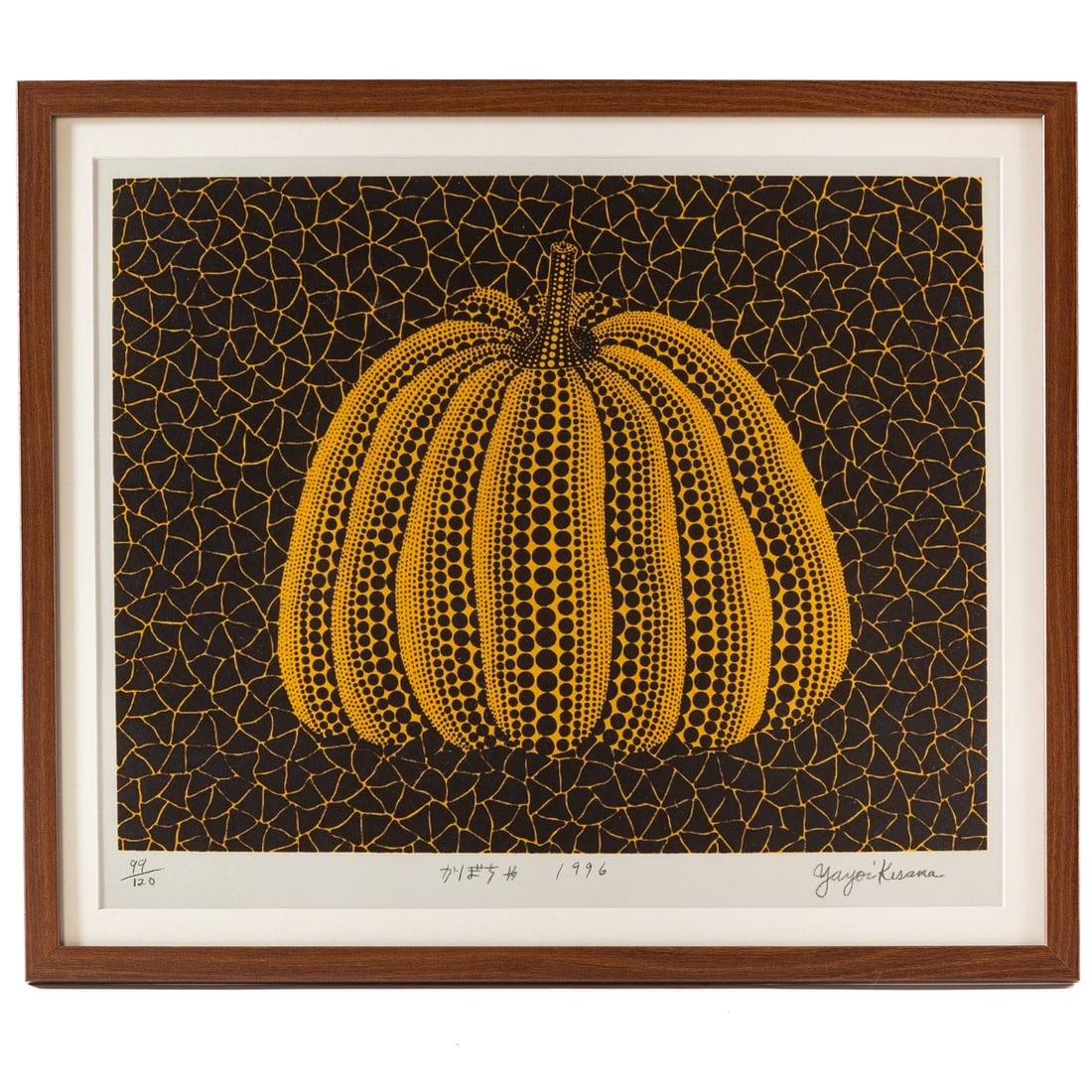 Yayoi Kusama. "Pumpkin YY," screenprint: (Japanese, b. 1929) Screenprint in colors, three screens, two colors, three runs, 1996 (ED 231), ed. 99/120, pencil signed "Yayoi Kusama" lr, titled lc, image size:14 1/4 x 18 1/4 in., framed size: 19