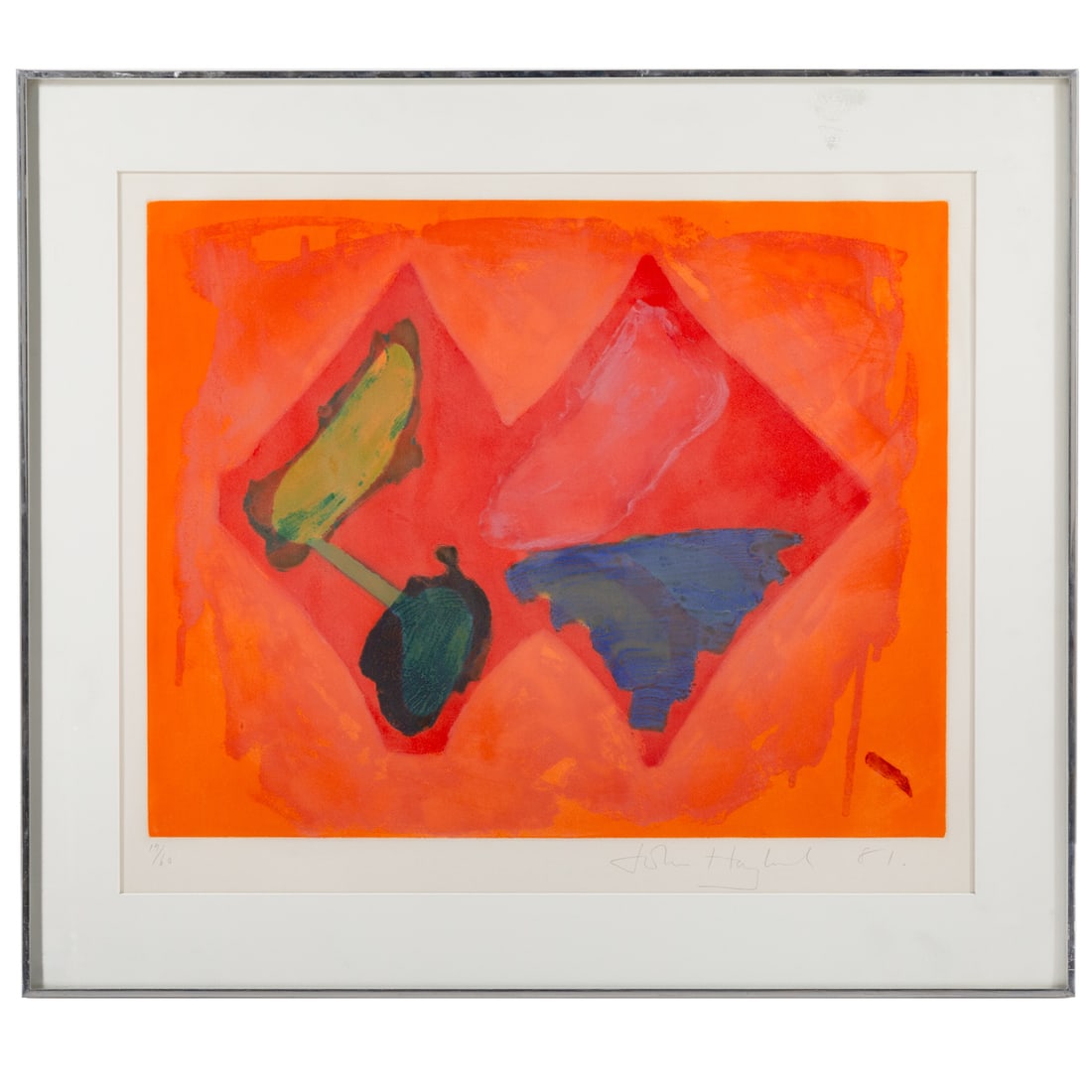 John Hoyland. "Fly Away," etching: (British, 1934-2011) Etching and aquatint on paper, 1981, ed. 19/60, signed lr, sight size: 25 1/2 x 30 in., framed size: 32 1/2 x 36 3/4 in. Provenance: From a private collection, Reston, VA