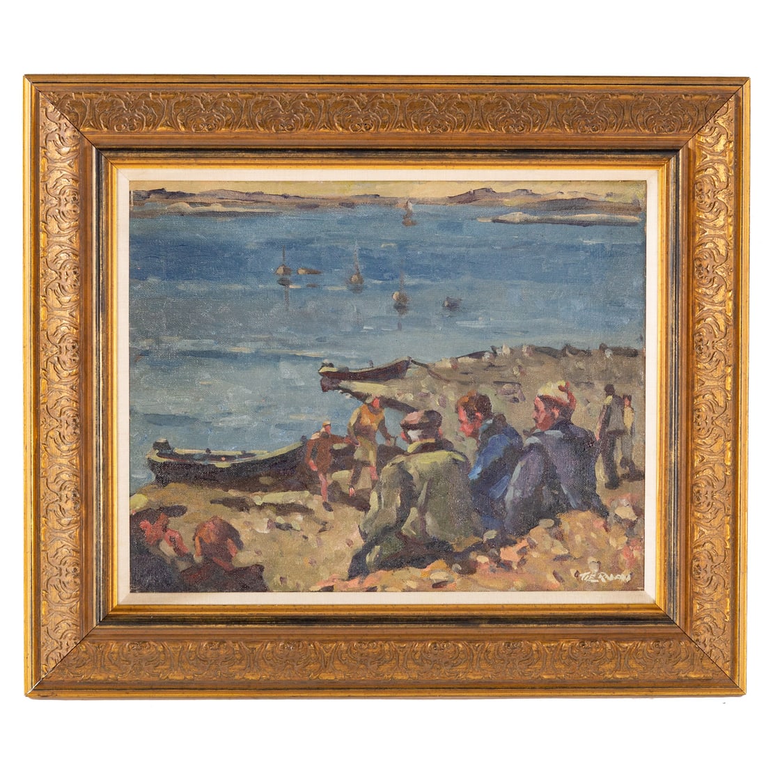 Sean Tiernan. Fisherman's Cove, oil: (Irish, 20th century) Oil on canvas, signed lr, sight size: 16 x 19 1/2 in., framed size: 24 x 28 in. Provenance: From the Estate of Annie P. Walsh, Baltimore, MD