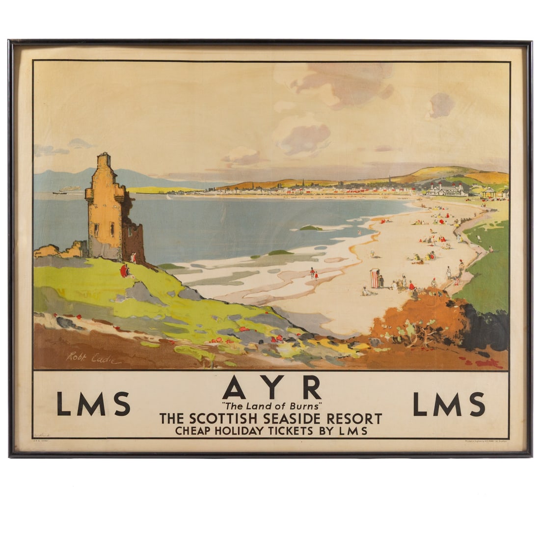 Robert Eadie. "Ayr Lms," vintage lithograph poster: (Scottish, 1877-1954) Circa 1930, signed in stone ll, sight size: 38 3/4 x 49 in,. framed size: 40 x 50 1/4 in. Provenance: From the Estate of Tiane "TC" Benson, a major Washington DC fundraiser.