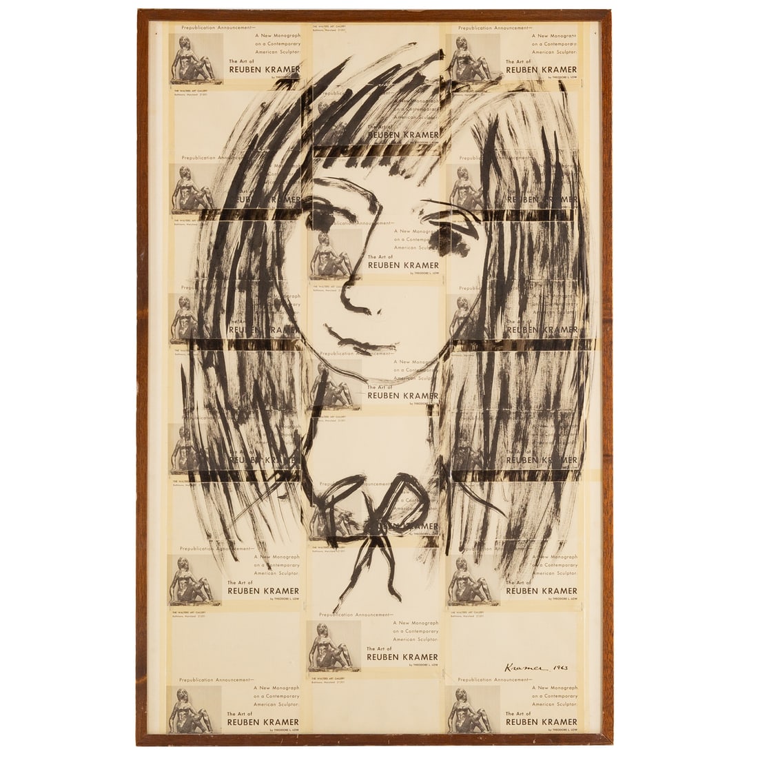 Reuben Kramer. Head of a Girl, brush & ink: (American, 1909-1999) Brush and ink on taped together prepublication announcements, signed and dated "Kramer, 1963" lr, 43 1/2 x 27 1/2 in., framed size: 45 x 29 1/4 in. Provenance: From a private