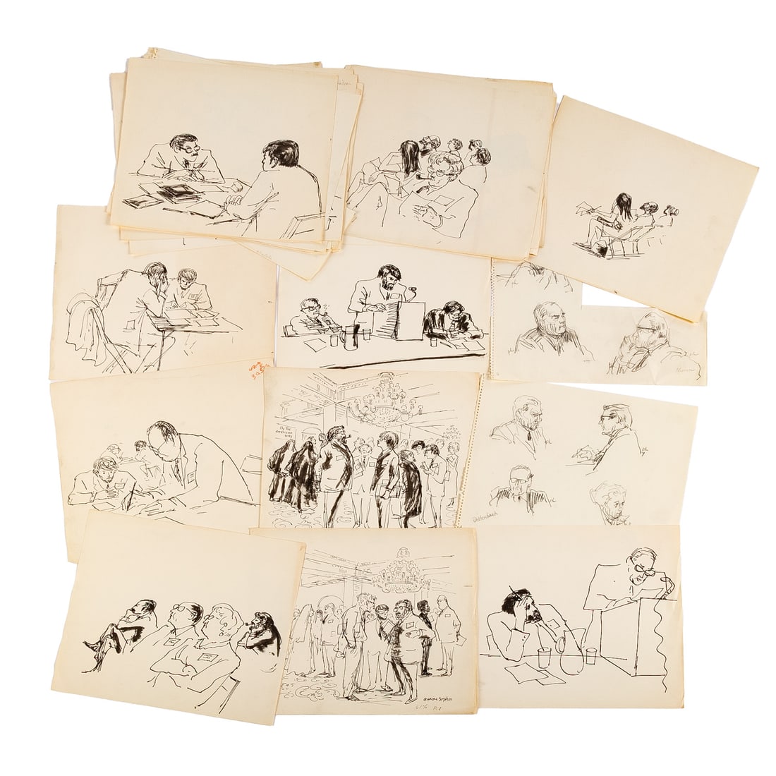 Aaron Sopher. Group of 28 Gesture Sketches, pen & ink: (American, 1905-1972) Pen and ink on paper, depicting scenes from everyday life, three signed "Aaron Sopher," size of largest: 12 1/4 x 14 1/4 in. Provenance: From a private Maryland collection