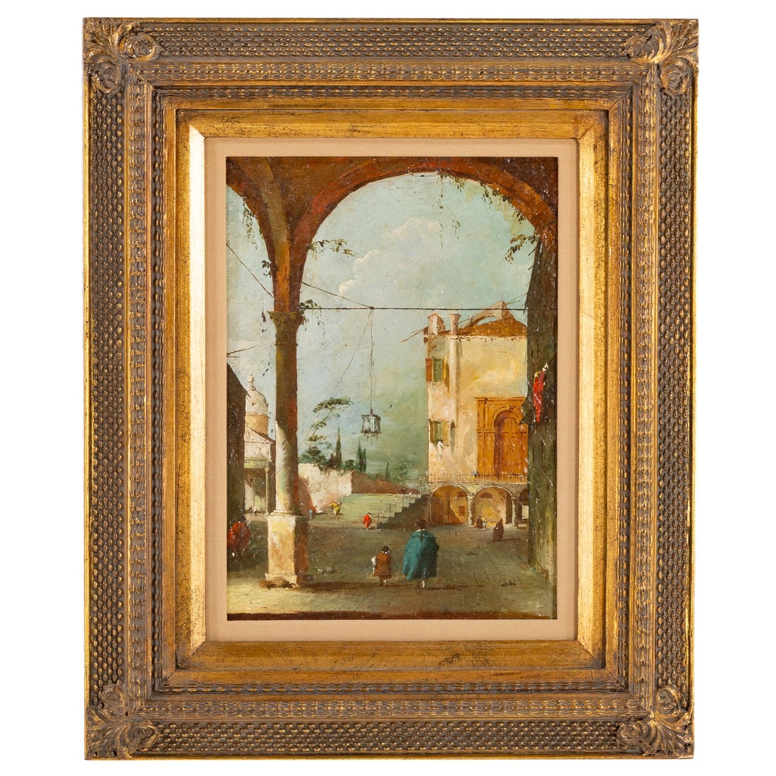 Follower of Francesco Guardi. Capriccio, oil: (Italian, 18th century) Oil on canvas, unsigned, 15 x 10 1/2 in., framed size: 22 3/4 x 18 3/4 in. Provenance: From a private collection, Boca Raton, FL, Christie's label on stretcher on verso