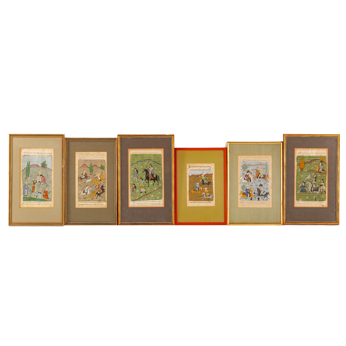 Set of Six Framed Persian Miniatures: (Late 19th century) Five from one volume, sight sizes: 10 1/2 x 5 3/4 in., framed sizes: 16 1/2 x 10 in.; the other sight size: 8 1/4 x 5 1/4 in., framed size: 14 3/4 x 10 in. Provenance: From a priva