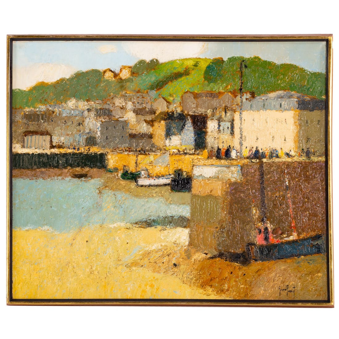 Gerard Passet. Brittany Harbor, oil: (French, 1936-2013) Oil on canvas, signed "Gerard Passet" lr, signed and illegibly titled on verso, 23 1/4 x 28 1/4 in., framed size: 24 x 29 in. Provenance: From the Kirchenbauer/Galluzzo collection,