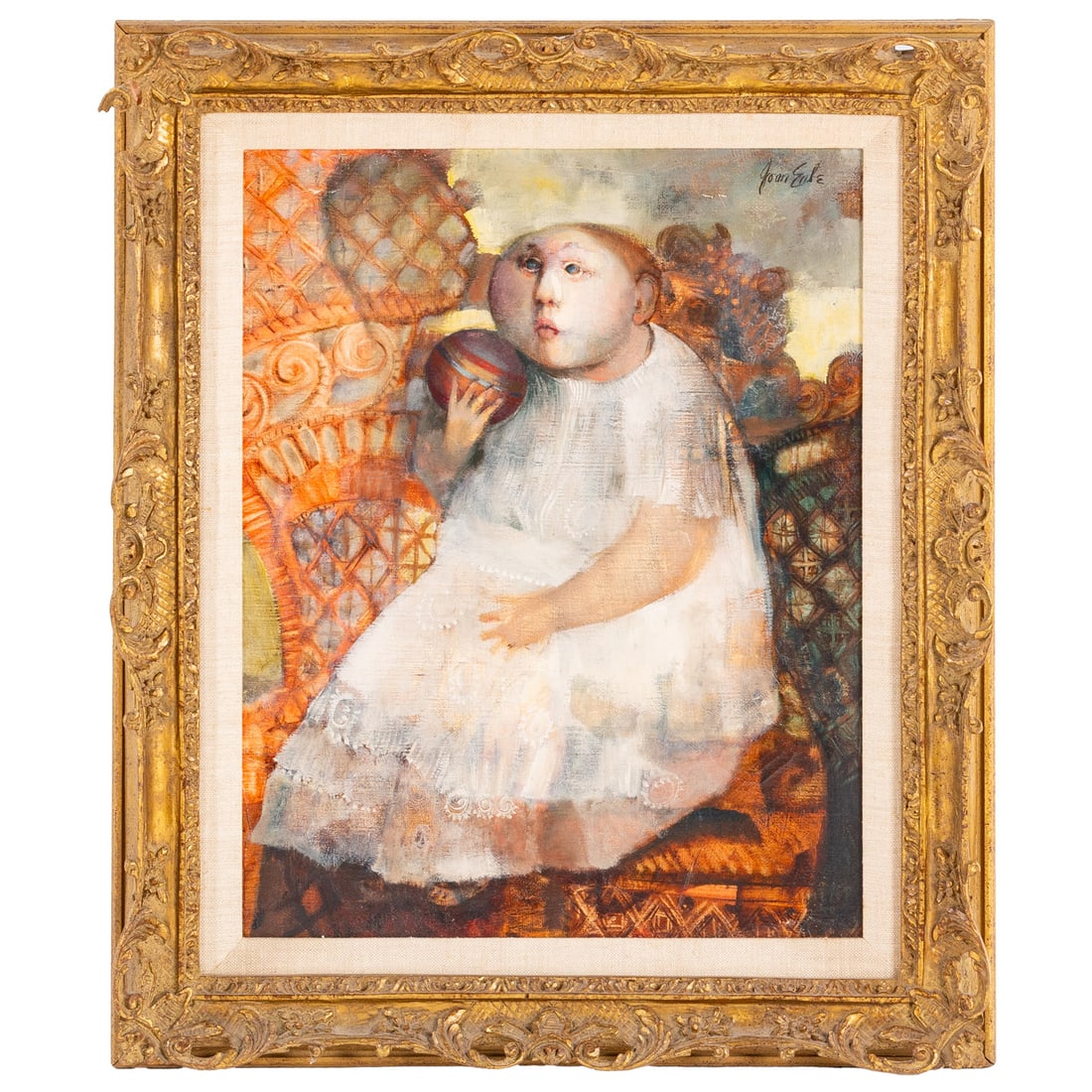 Joan Erbe. "The Baby," oil: (American, 1926-2014) Oil on canvas, signed "Joan Erbe" ur, titled on verso, 20 x 16 in., framed size: 26 x 21 3/4 in. Provenance: From the Kirchenbauer/Galluzzo collection, Lutherville, Maryland
