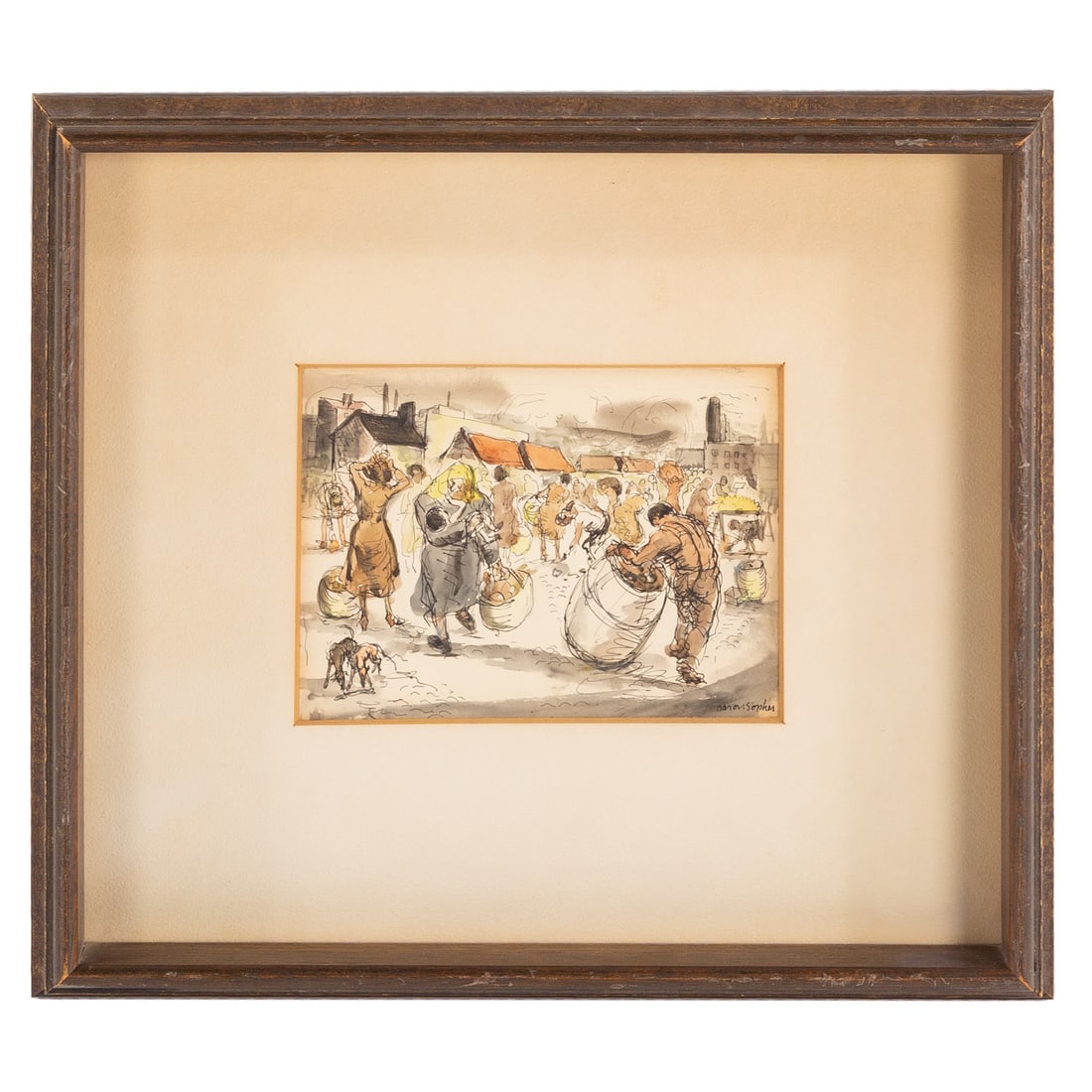 Aaron Sopher. Market Scene, ink & watercolor: (American, 1905-1972) Pen and ink with watercolor on paper, signed "Aaron Sopher" lr, sight size: 4 3/4 x 6 1/2 in., framed size: 12 x 13 1/2 in. Provenance: From a private Maryland collection,