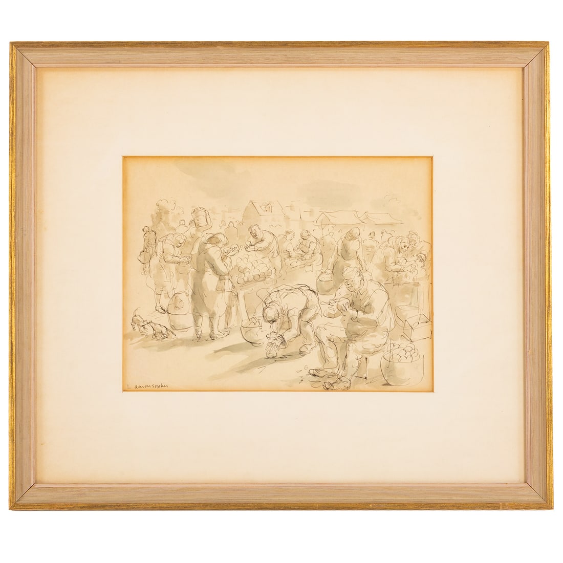 Aaron Sopher. Market Scene, pen & ink: (American, 1905-1972) Pen and ink with wash on paper, signed "Aaron Sopher" ll, sight size: 9 1/4 x 12 1/4 in., framed size: 18 3/4 x 21 1/2 in. Provenance: From a private Maryland collection