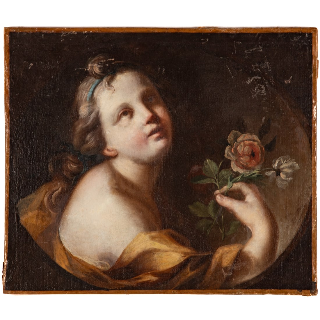 French School, 18th c. Girl with Flower, oil: (18th century) Oil on canvas, unsigned, 15 x 17 3/4 in., unframed Provenance: From the Estate of Jonathan Kamarck, Washington, DC