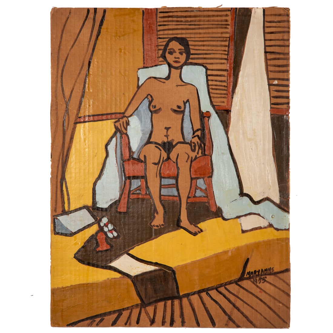Mary Anne K. Jenkins. "Nude with Blue Cloth," oil: (American, 1929-2017) Oil on cardboard, 1955, signed and dated "Mary Anne" lr, handwritten note attached "I had read that Toulouse-Lautrec painted on cardboard. I primed mine with shellac and tried a 