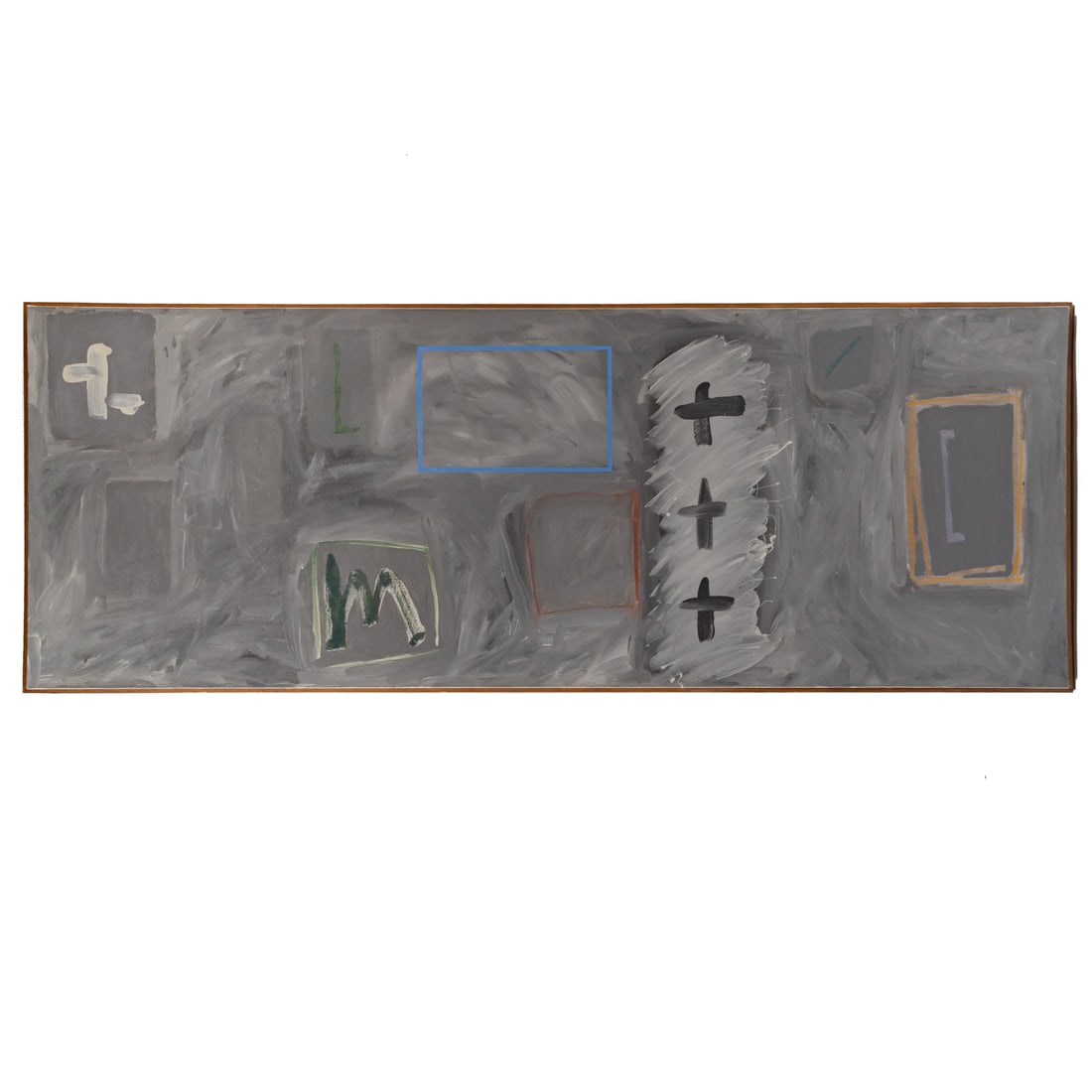 Peter Pettus. Blue Outline, oil: (American, b. 1935) Oil and mixed media on canvas in strip frame, unsigned, canvas size: 29 x 79 in., framed size: 30 x 80 in. Provenance: From a private collection, Reston, VA