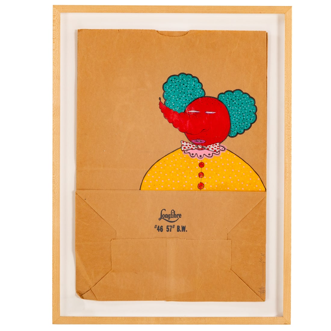 Paul Insect. Clown Figure, mixed media: (British, b. 1971) Mixed media on found paper bag, 2011, signed lr, 17 x 12 in., framed size: 20 x 15 in. Provenance: From the Estate of Sean Conway, Annapolis, MD and Los Angeles, CA, an accomplished