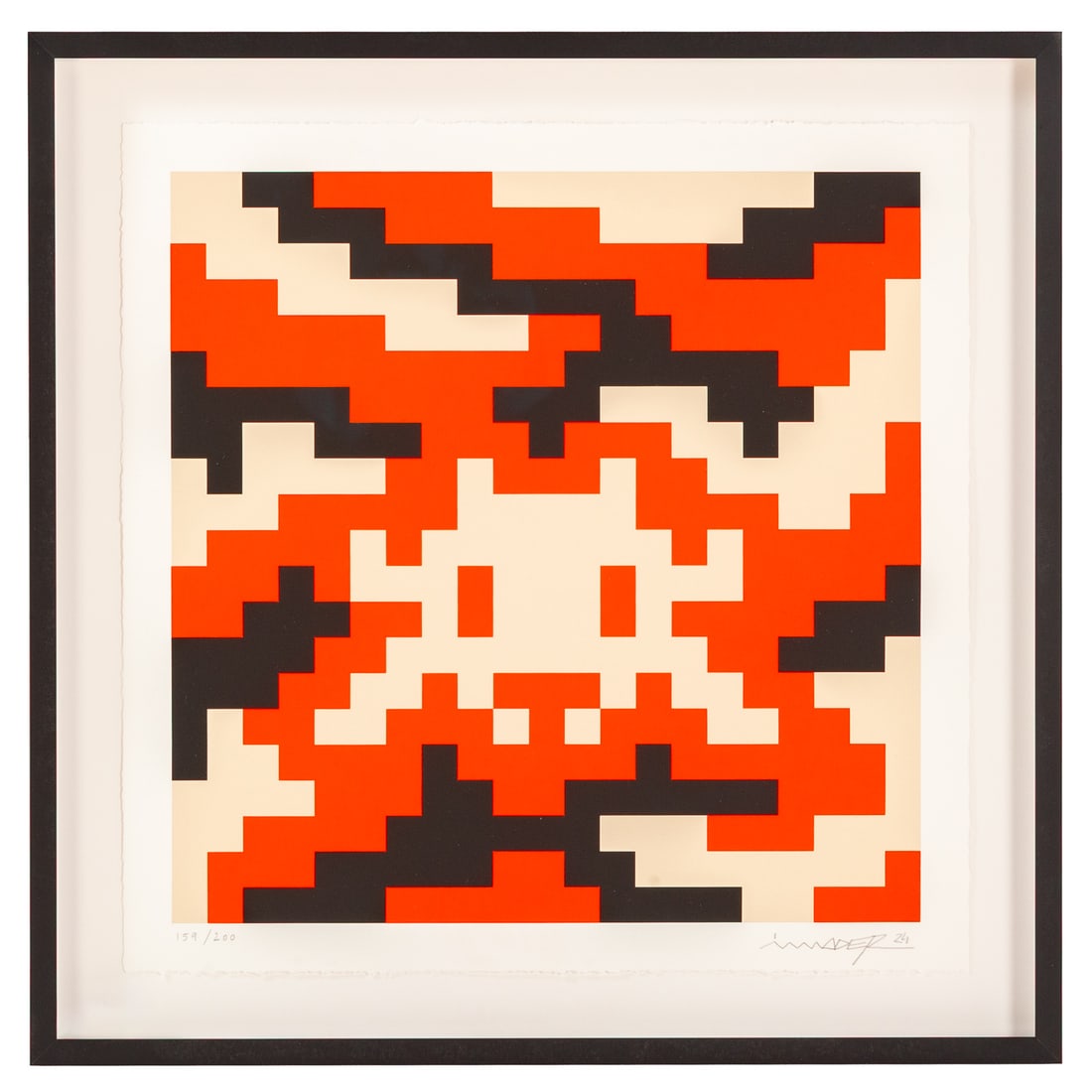 INVADER. "CAMO S-3C-M4," silkscreen: Franck Slama (French, b. 1969) Silkscreen on Somerset Satin Cotton, 2024, ed. 159/200, pencil signed lr, sight size: 16 1/2 x 16 1/2 in., framed size: 20 x 20 in. Provenance: From the Estate of Sean