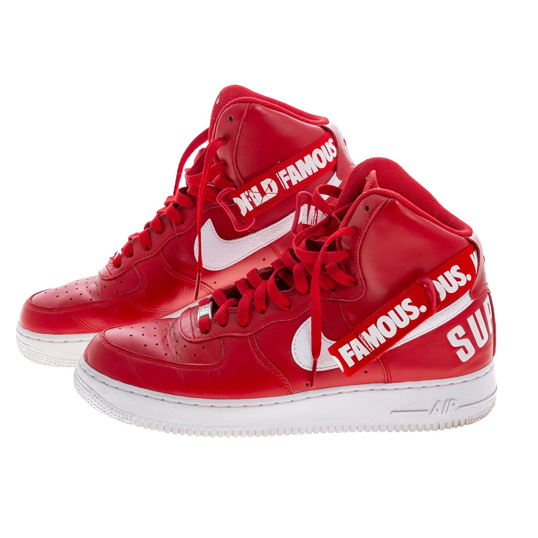 A Pair of Nike Air Force 1 High Supreme SP: A pair of white and red Nike Air Force 1 High Supreme SP sneakers, 2014, #698696-610, men's size 11.5, includes original box Provenance: From the Estate of Sean Conway, Annapolis, MD and Los Angeles, 