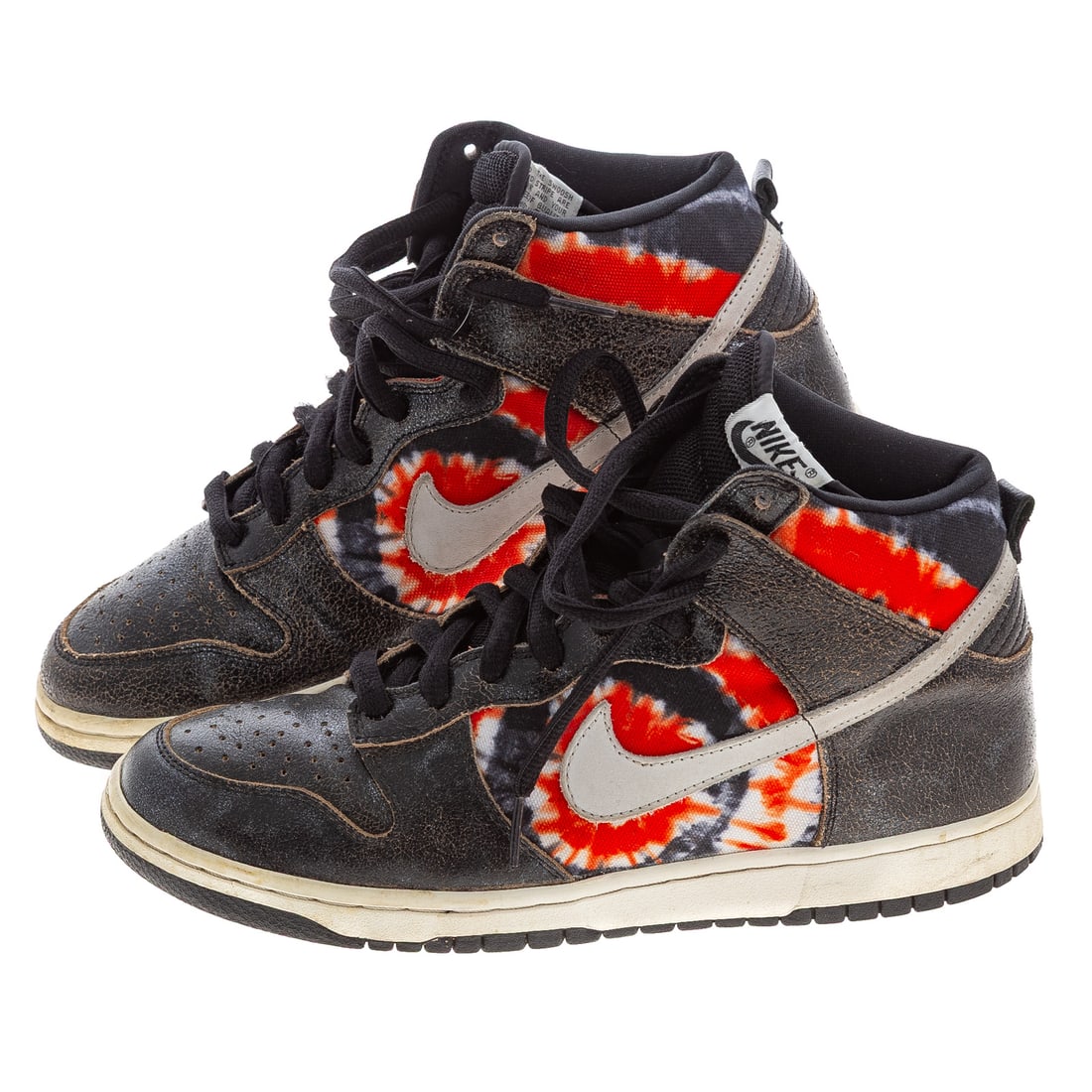 A Pair of Nike Dunk High Pro SB "Huf": A pair of grey-black and tie-dye Nike Dunk High Pro SB "Huf" sneakers, #305050-102, men's size 9.5, includes original box and extra shoe laces Provenance: From the Estate of Sean Conway, Annapolis, MD