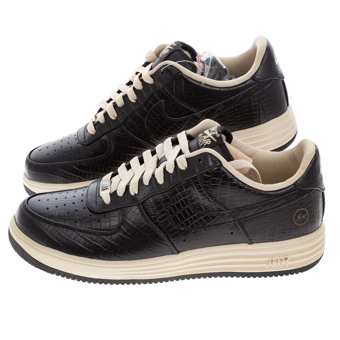 A Pair of Nike Lunar Force 1 Premium SP Low Croc: A pair of black embossed leather Nike Fragment Design Lunar Force 1 Premium SP Low Croc sneakers, 2013, men's size 11, #638130-009, includes original box and additional laces still attached to the sho
