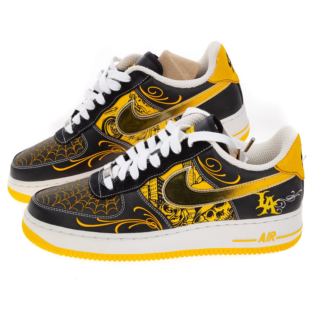 A Pair of Nike Air Force 1 Low "Mr. Cartoon Livestrong?: A pair of yellow and black Nike Air Force 1 Low "Mr. Cartoon Livestrong" sneakers, #378126-071, men's size 9, includes COA and a box (not original box) Provenance: From the Estate of Sean Conway, Anna